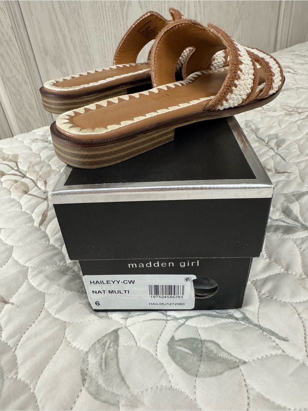 Madden Girl Haileyy Tan and Cream Woven Slide Sandals
